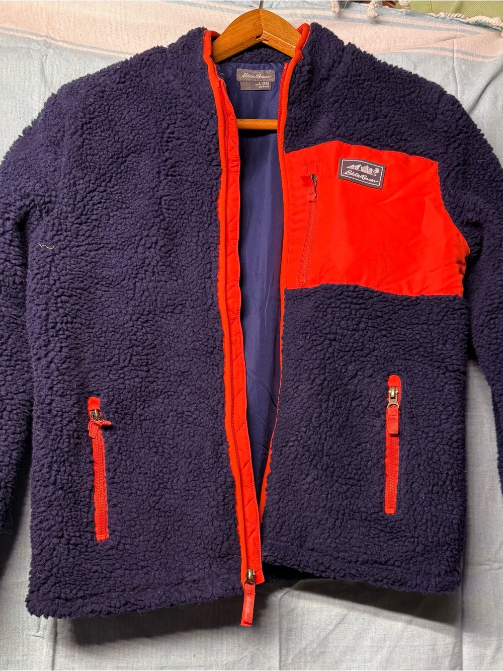 Eddie Bauer Navy and Red Sherpa Fleece Hoodie